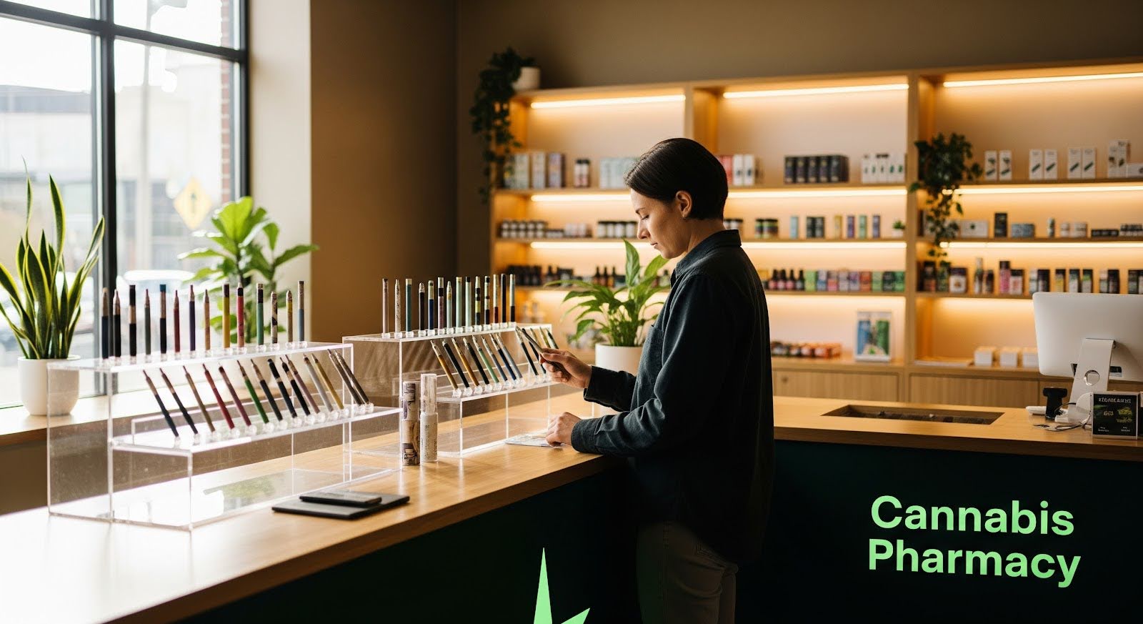 A person stands at a well-lit cannabis dispensary counter, examining vape pens displayed in clear acrylic cases, with shelves of products and potted plants in the background. The counter front displays the words “Cannabis Pharmacy” in glowing green text.