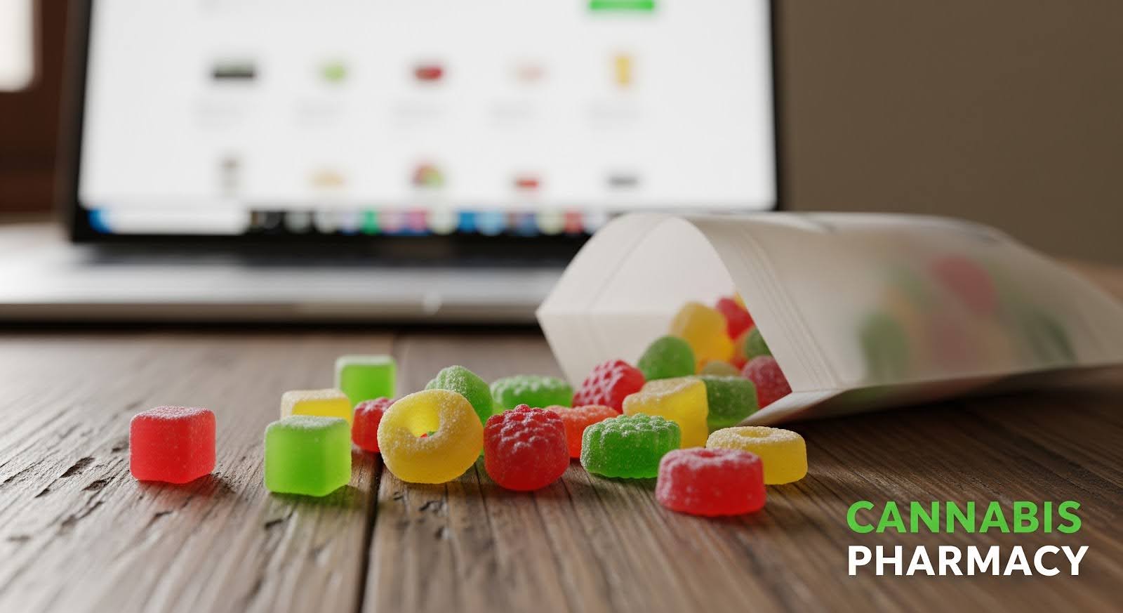 A white pouch lies open on a wooden surface with colorful gummy candies spilling out in red, yellow, green, and orange. A blurred laptop screen is visible in the background, and the “Cannabis Pharmacy” logo appears in green and white text on the right side.