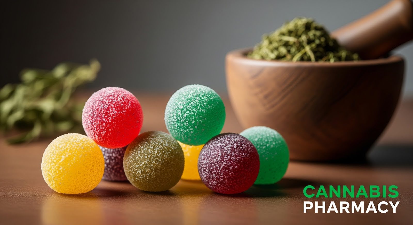 Colorful sugar-coated gummy candies stacked on a wooden surface with a mortar and pestle containing dried herbs in the background, and the words “Cannabis Pharmacy” in green and white text at the bottom right corner.