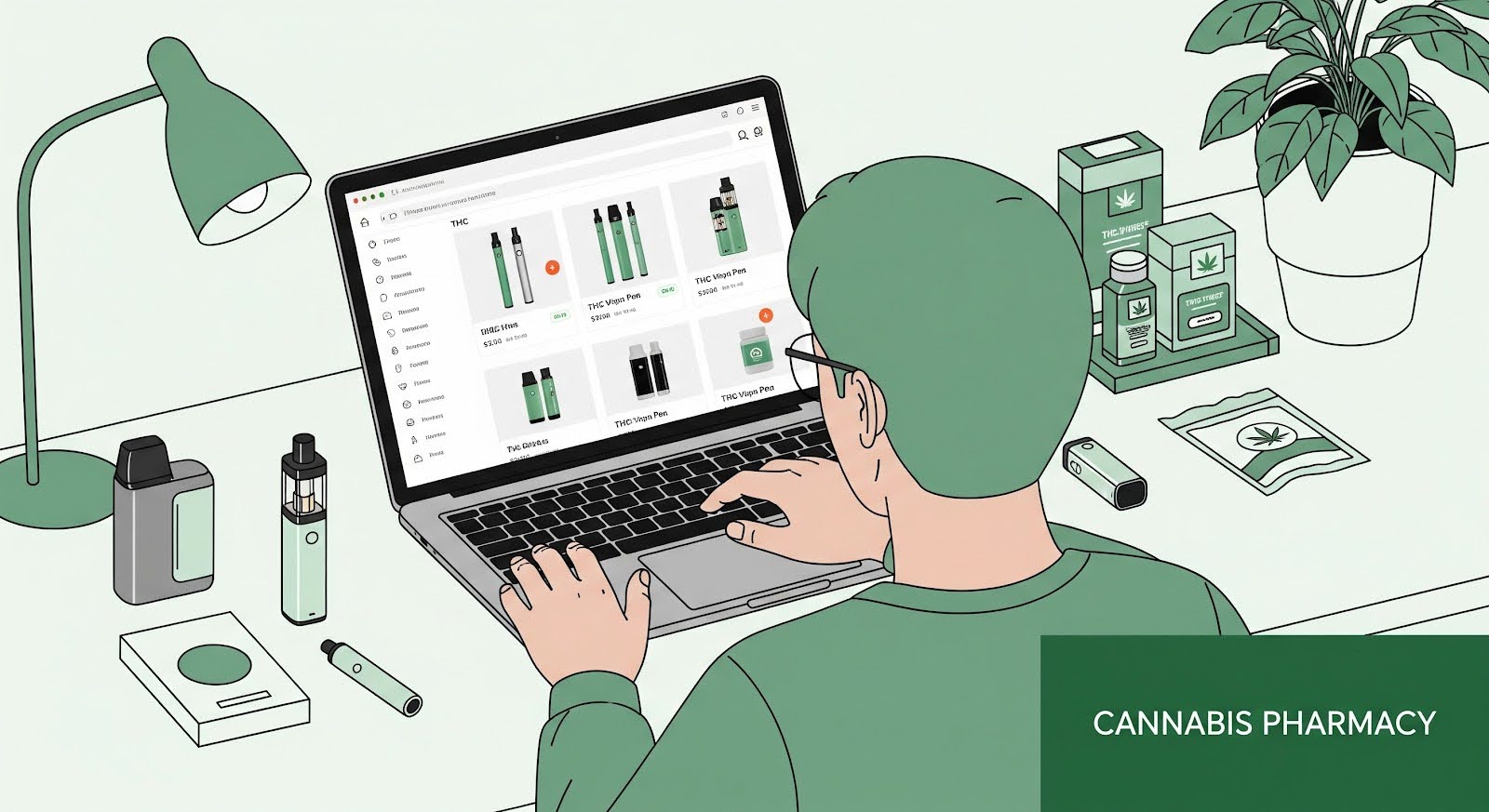 Illustration of a person using a laptop to browse an online cannabis pharmacy, viewing various THC vape pens and related products. The desk includes vape devices, cannabis packaging, a lamp, and a potted plant, all in a green and white color palette.