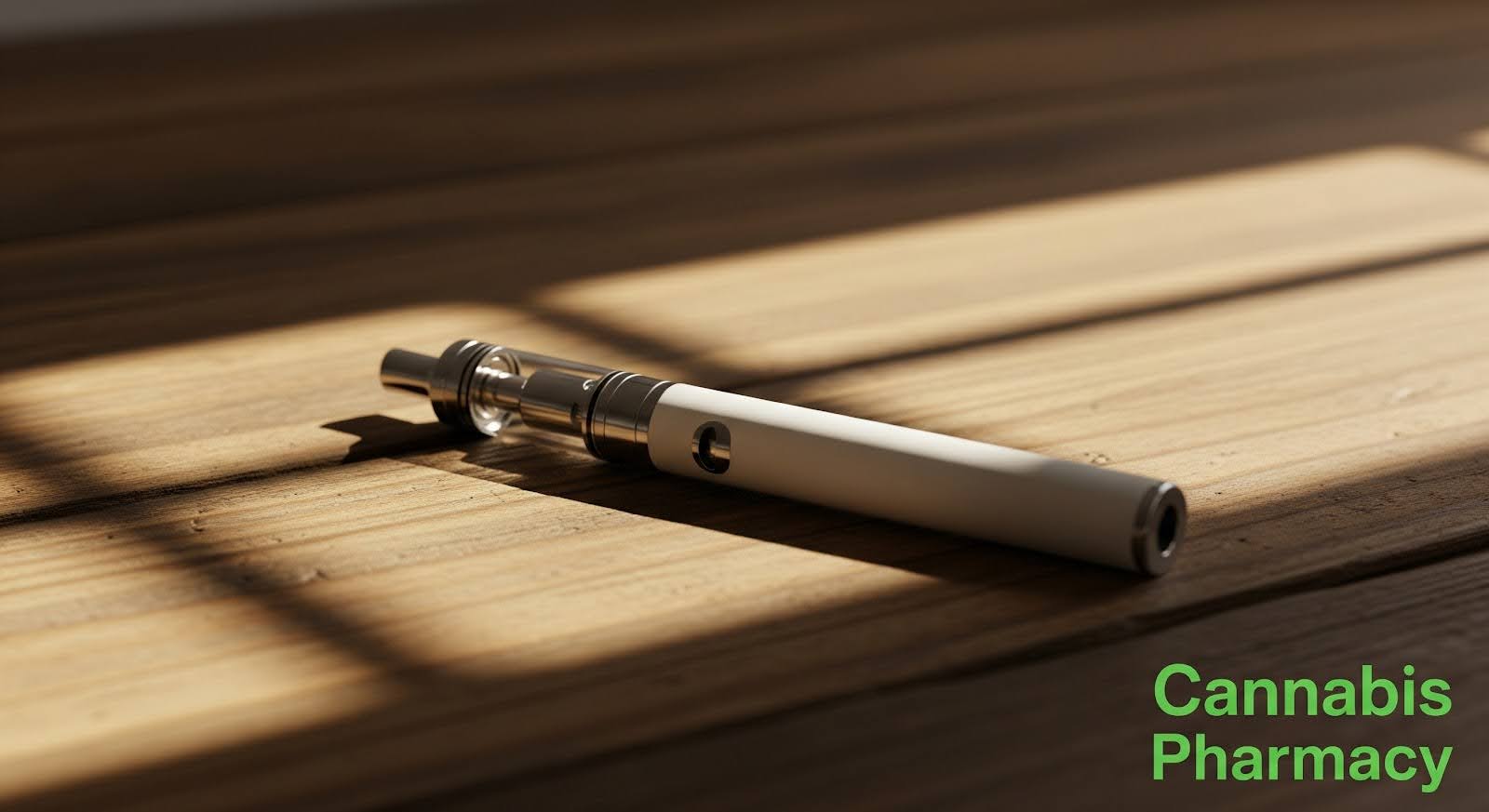 A white vape pen with metallic accents lies on a sunlit wooden surface, casting a soft shadow. The “Cannabis Pharmacy” logo appears in green text in the lower right corner.