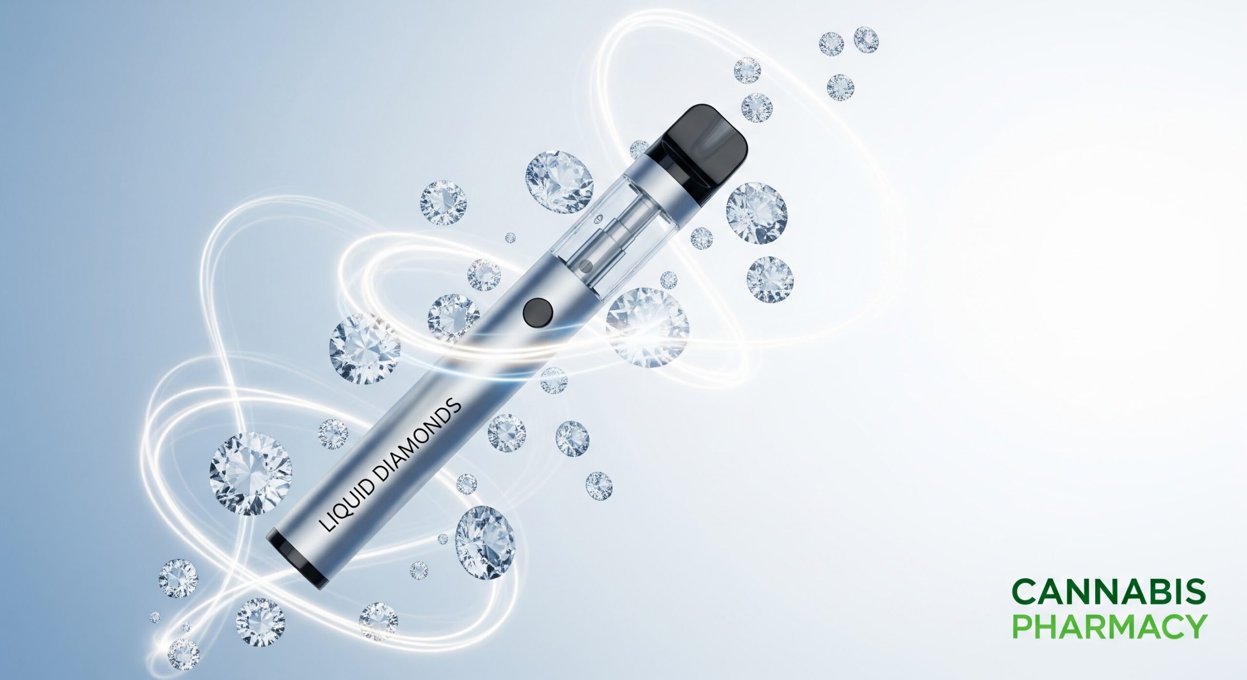 A sleek vape pen labeled "Liquid Diamonds" floats among sparkling diamond graphics and swirling light trails on a pale blue background, with the words "Cannabis Pharmacy" in green text at the bottom right corner.