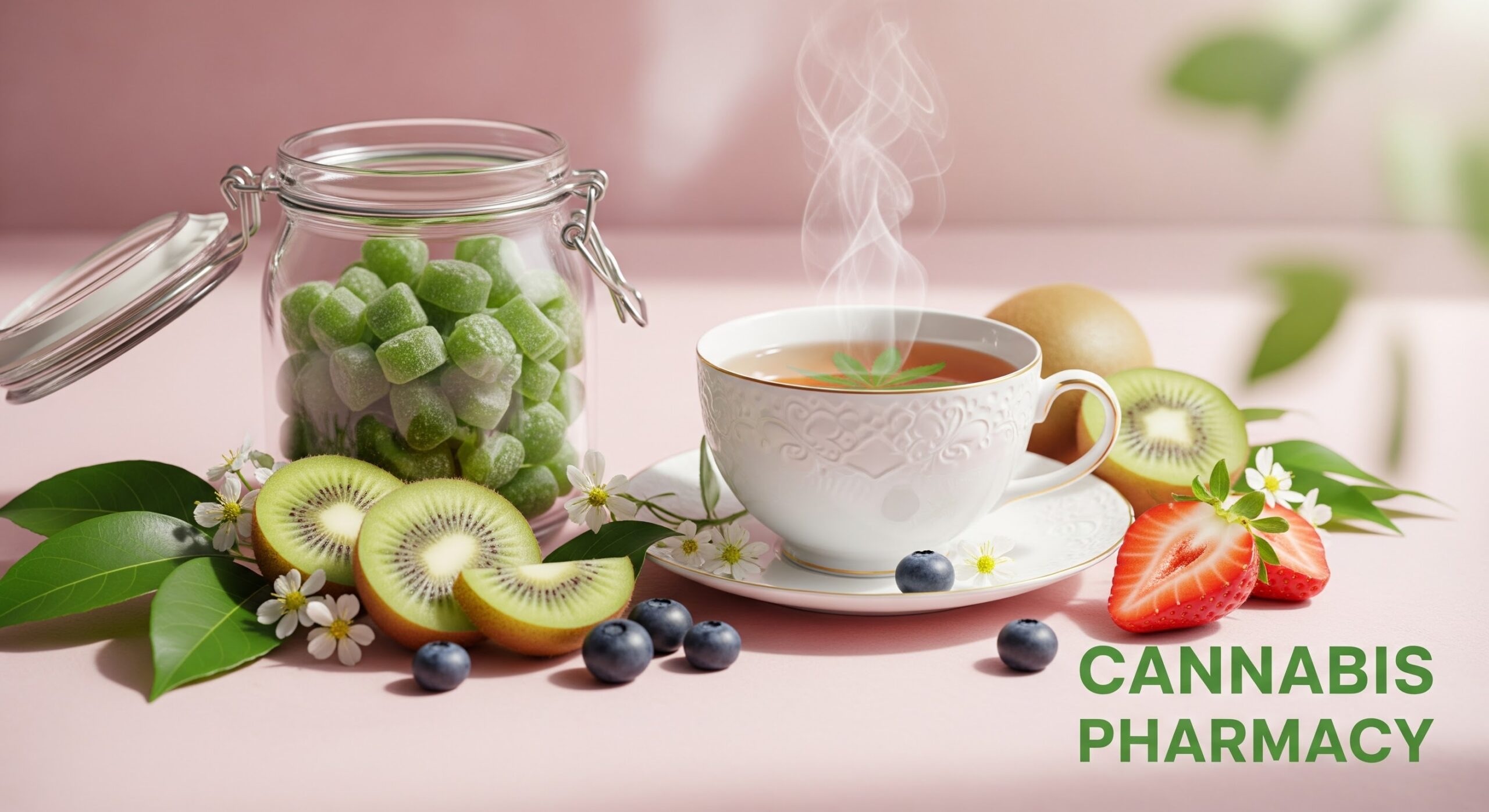 A jar of green cannabis gummies sits beside a white teacup with steaming herbal tea, garnished with a cannabis leaf. Surrounding the setup are fresh fruits including sliced kiwi, strawberries, and blueberries, along with green leaves and small white flowers. The background is soft pink, and the text “CANNABIS PHARMACY” appears in green on the right.