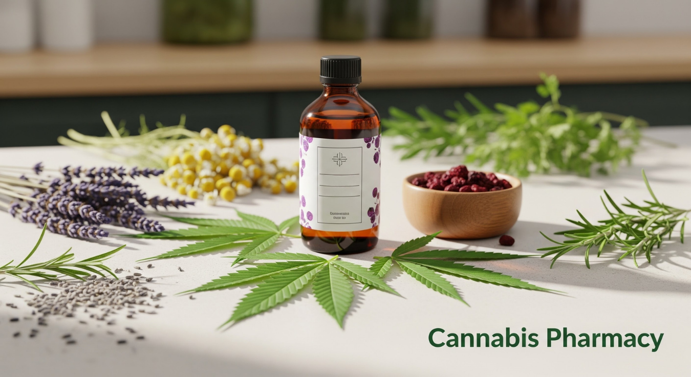 A brown glass bottle with a white label sits on a countertop surrounded by assorted herbs, including lavender, chamomile, rosemary, and cannabis leaves. A small wooden bowl filled with dried red berries is nearby, and the words “Cannabis Pharmacy” appear in green text in the lower right corner.