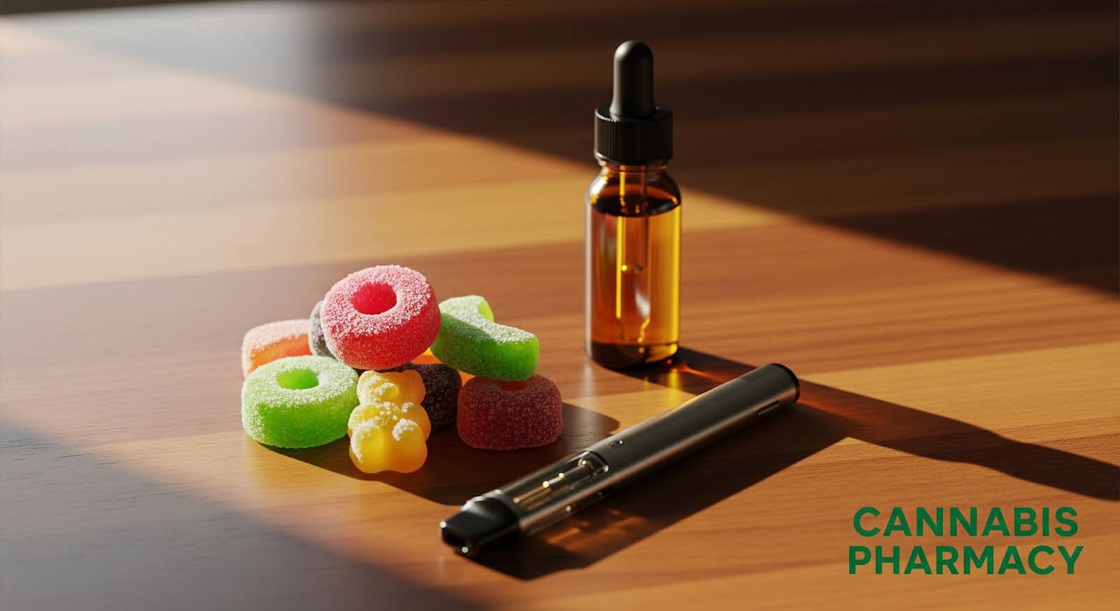 A small pile of colorful sugar-coated gummies sits on a wooden surface beside a brown dropper bottle filled with amber liquid. A sleek vape pen lies in the foreground, and the “Cannabis Pharmacy” logo appears in green text on the right side.