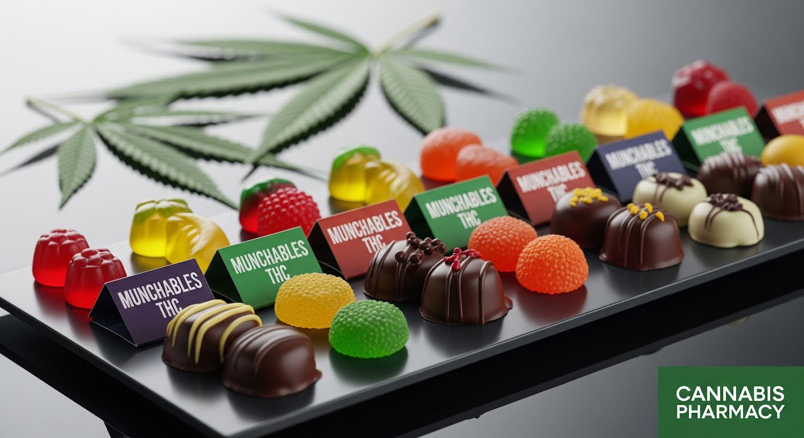 A display of assorted THC-infused edibles labeled “Munchables THC,” including colorful gummy candies and chocolate truffles arranged neatly on a black tray. In the background, cannabis leaves are visible, and a green label in the corner reads “Cannabis Pharmacy.”
