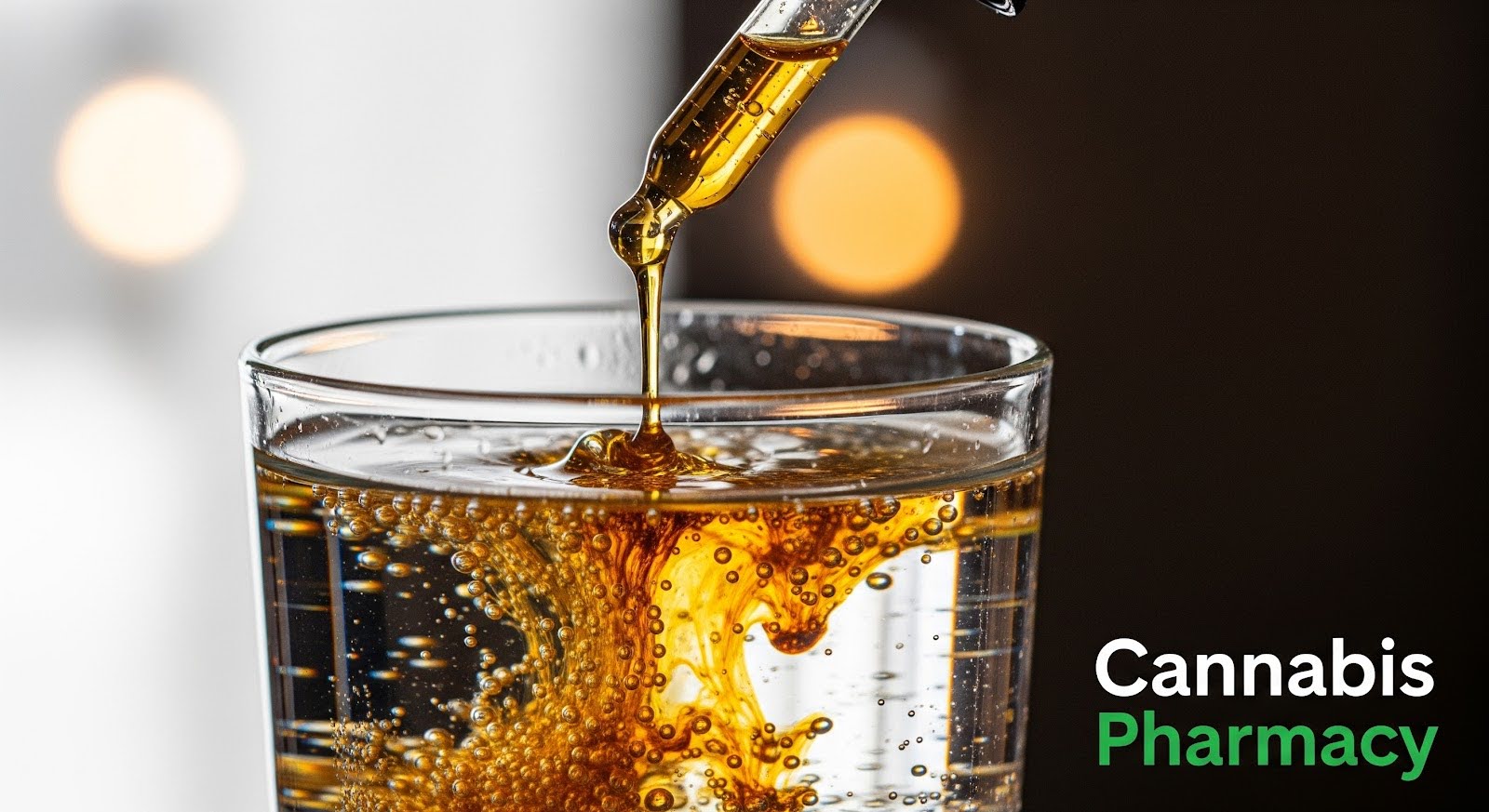 A close-up of a glass filled with clear liquid as golden oil drips from a dropper, creating swirling patterns and bubbles. Soft, out-of-focus lights glow in the background, and the words “Cannabis Pharmacy” appear in white and green text in the lower right corner.