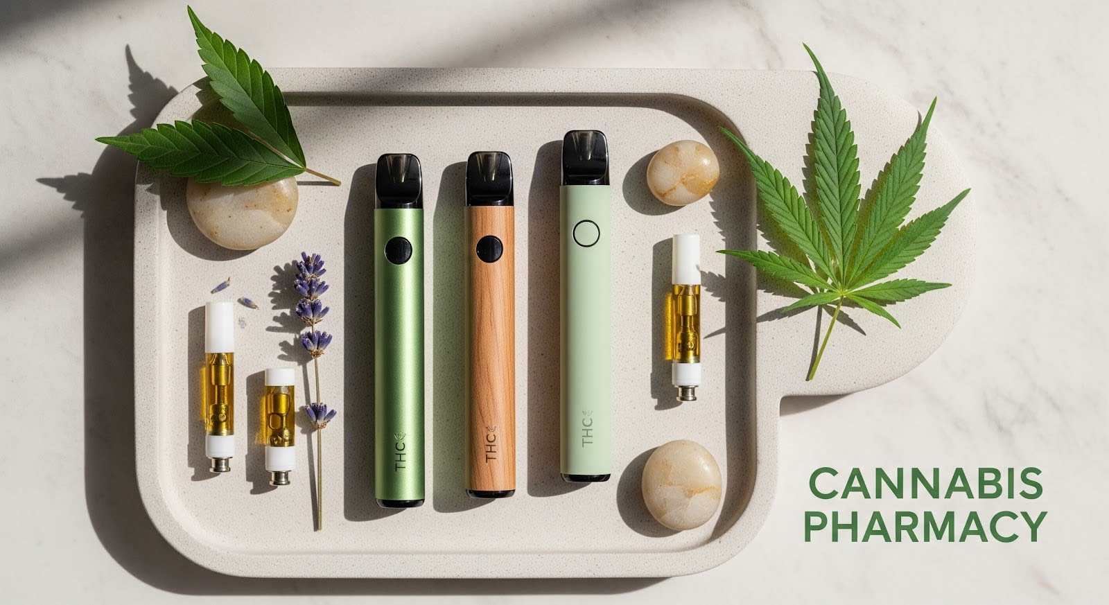 Three sleek vape pens in green, wood, and light mint colors are arranged on a beige tray with cannabis leaves, lavender sprigs, vape cartridges filled with golden oil, and round stones. The text “Cannabis Pharmacy” appears in the bottom right corner.