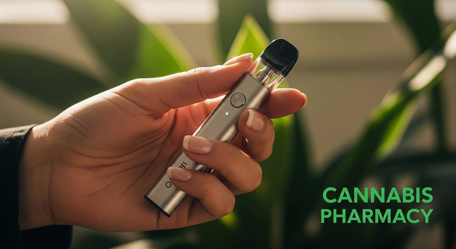 A close-up of a hand holding a sleek silver vape pen with a clear cartridge, against a blurred background of green plants. The text “CANNABIS PHARMACY” appears in green on the right side of the image.