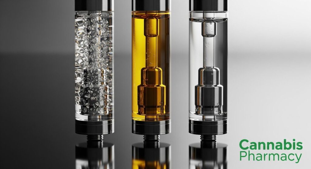 Three thc vape cartridges stand upright on a reflective black surface. The left cartridge is filled with clear crystal-like chunks, the middle contains a rich amber liquid, and the right holds a transparent fluid with a few small bubbles. All three have metallic hardware, and the words “Cannabis Pharmacy” appear in green text in the bottom right corner.