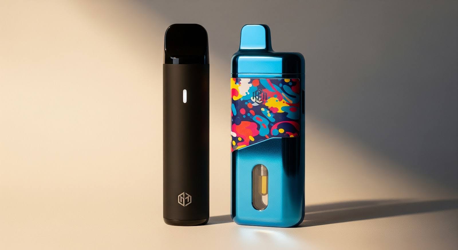 Two modern cannabis vape devices stand side by side on a light surface — one sleek and black, the other metallic blue with a colorful abstract design. The lighting casts soft shadows, creating a clean and minimal aesthetic.