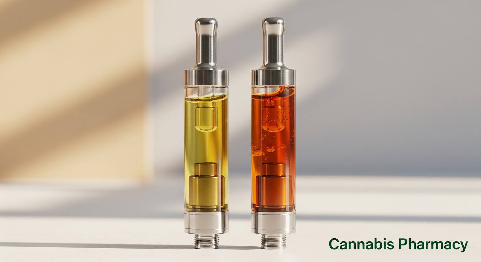 Two metallic vape cartridges stand upright side by side on a light surface, one filled with golden-yellow liquid and the other with amber-orange liquid. Soft natural light casts shadows in the background, and the text “Cannabis Pharmacy” appears in green at the bottom right.