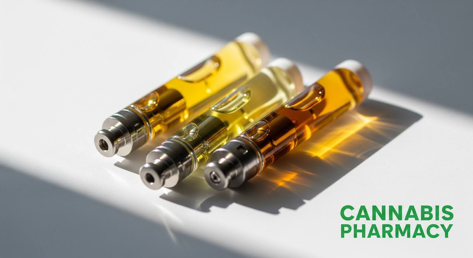 Three vape cartridges filled with golden cannabis oil are arranged diagonally on a light surface, reflecting warm light. The metallic tips and clear chambers catch the sunlight, creating a bright, clean aesthetic. The text “Cannabis Pharmacy” appears in green in the bottom right corner.