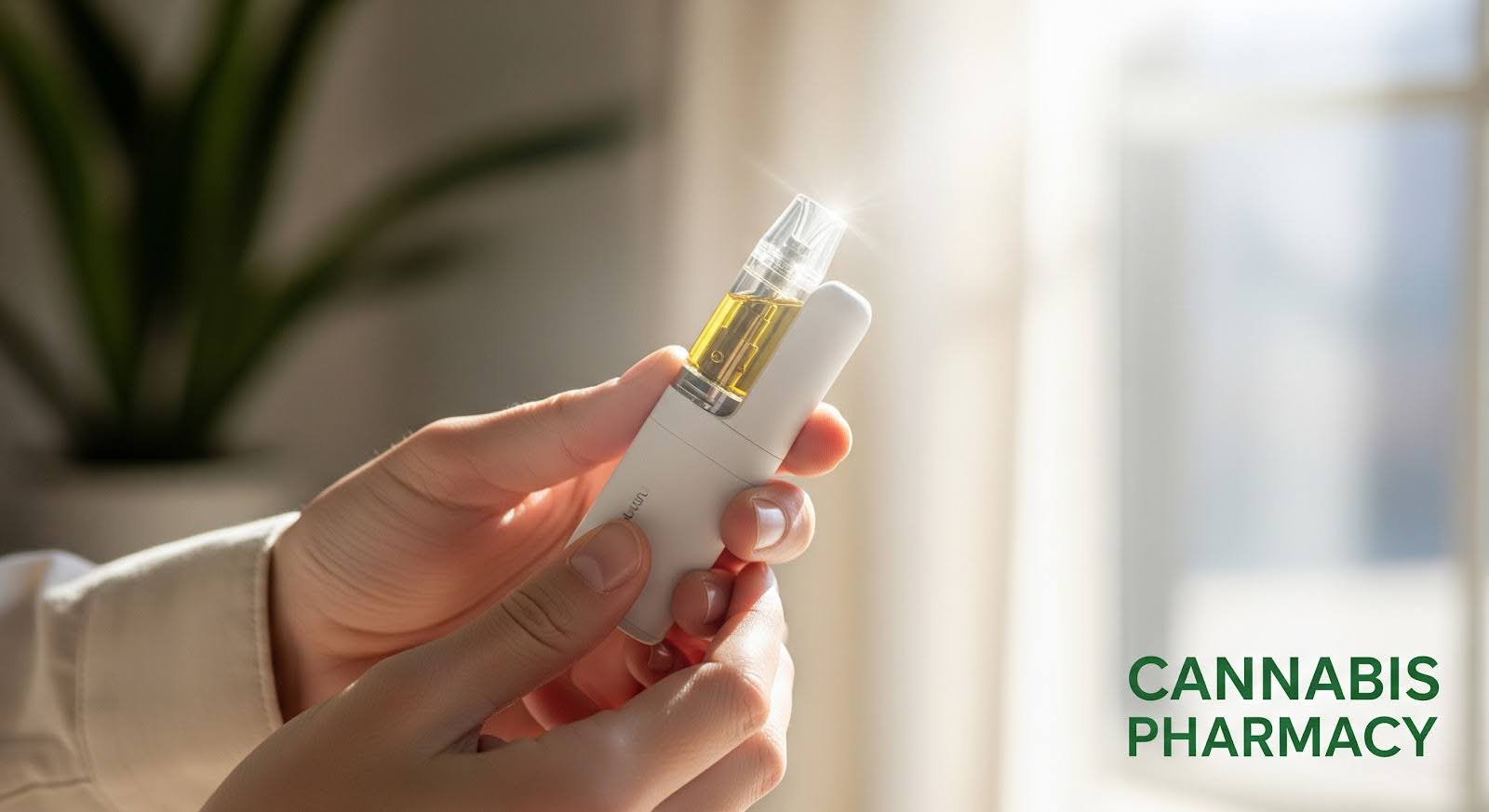A person holds a sleek white cannabis vape device filled with golden oil, illuminated by soft sunlight coming through a window. The text “Cannabis Pharmacy” appears in the bottom right corner.