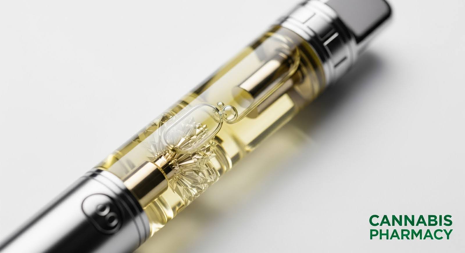 Close-up of a cannabis vape cartridge filled with golden oil, showing clear bubbles and crystal formations inside, with the words “CANNABIS PHARMACY” in green text on a white background.