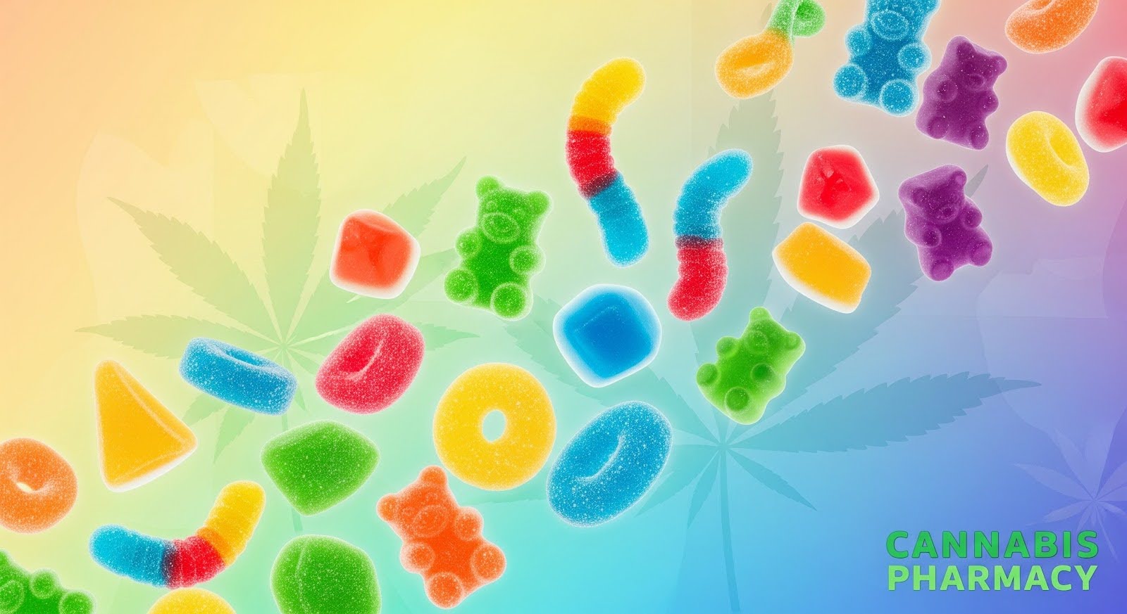 Colorful assorted gummy candies, including bears, worms, and rings, scattered diagonally across a pastel rainbow background with faint cannabis leaf patterns and the text “Cannabis Pharmacy” in the bottom right corner.