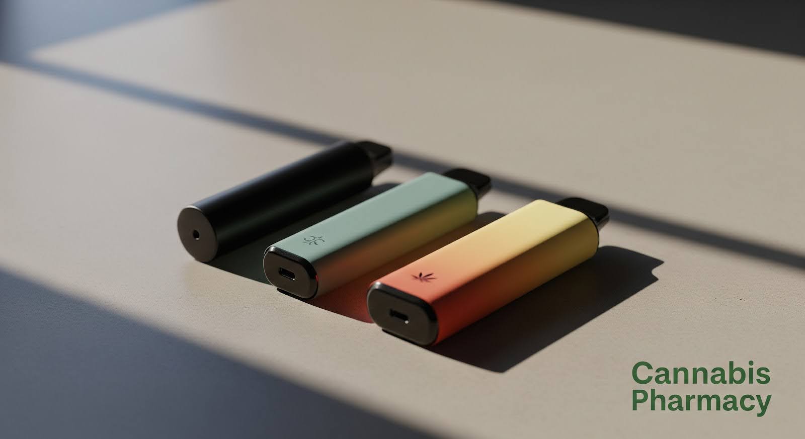 Three sleek vape pens in black, green, and yellow-orange gradient colors are arranged diagonally on a light surface under soft sunlight. The text “Cannabis Pharmacy” appears in green at the bottom right corner.
