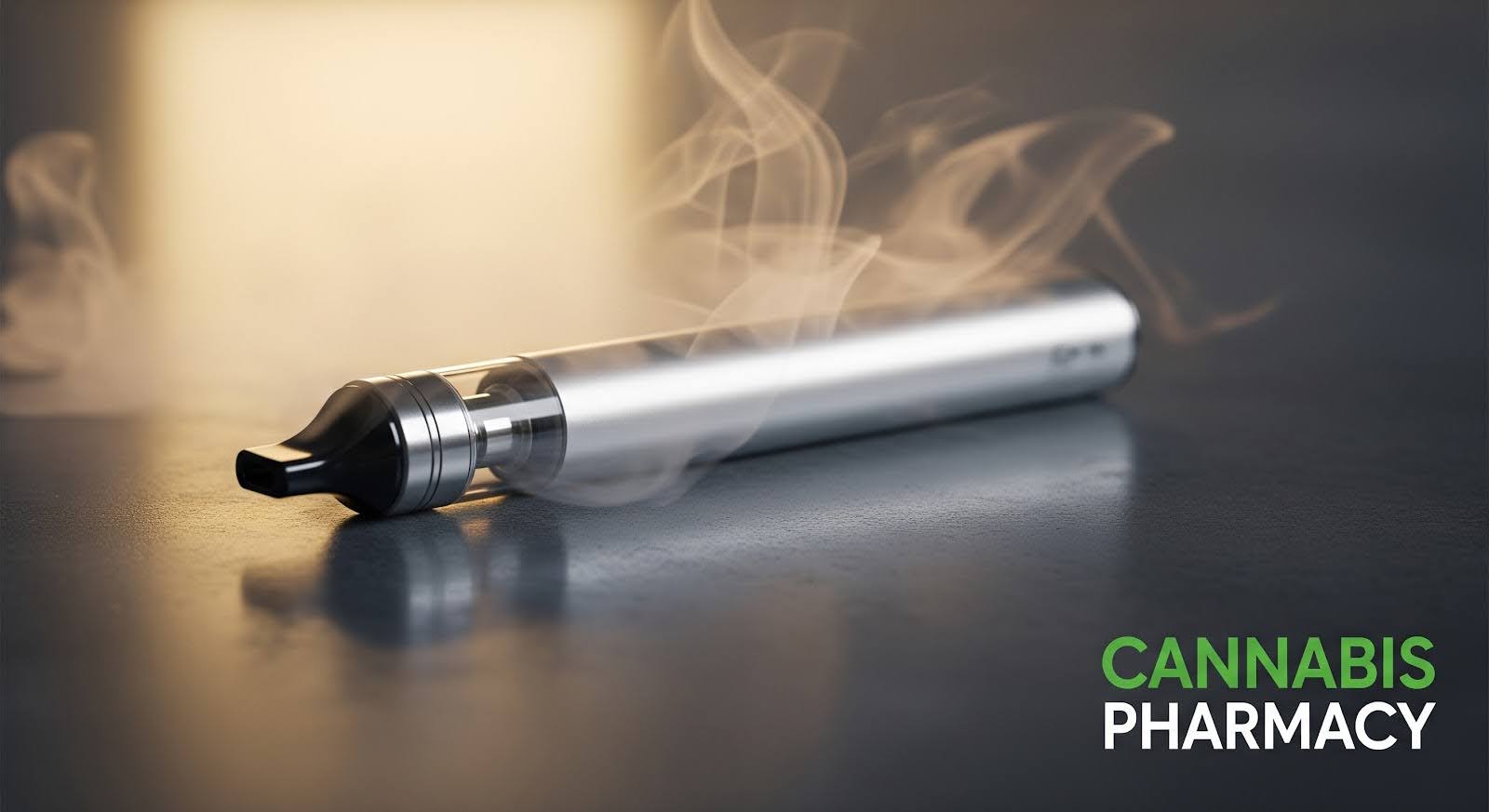 A sleek silver vape pen emitting wisps of vapor rests on a dark reflective surface, illuminated by warm lighting. The text “CANNABIS PHARMACY” appears in green and white at the bottom right corner.