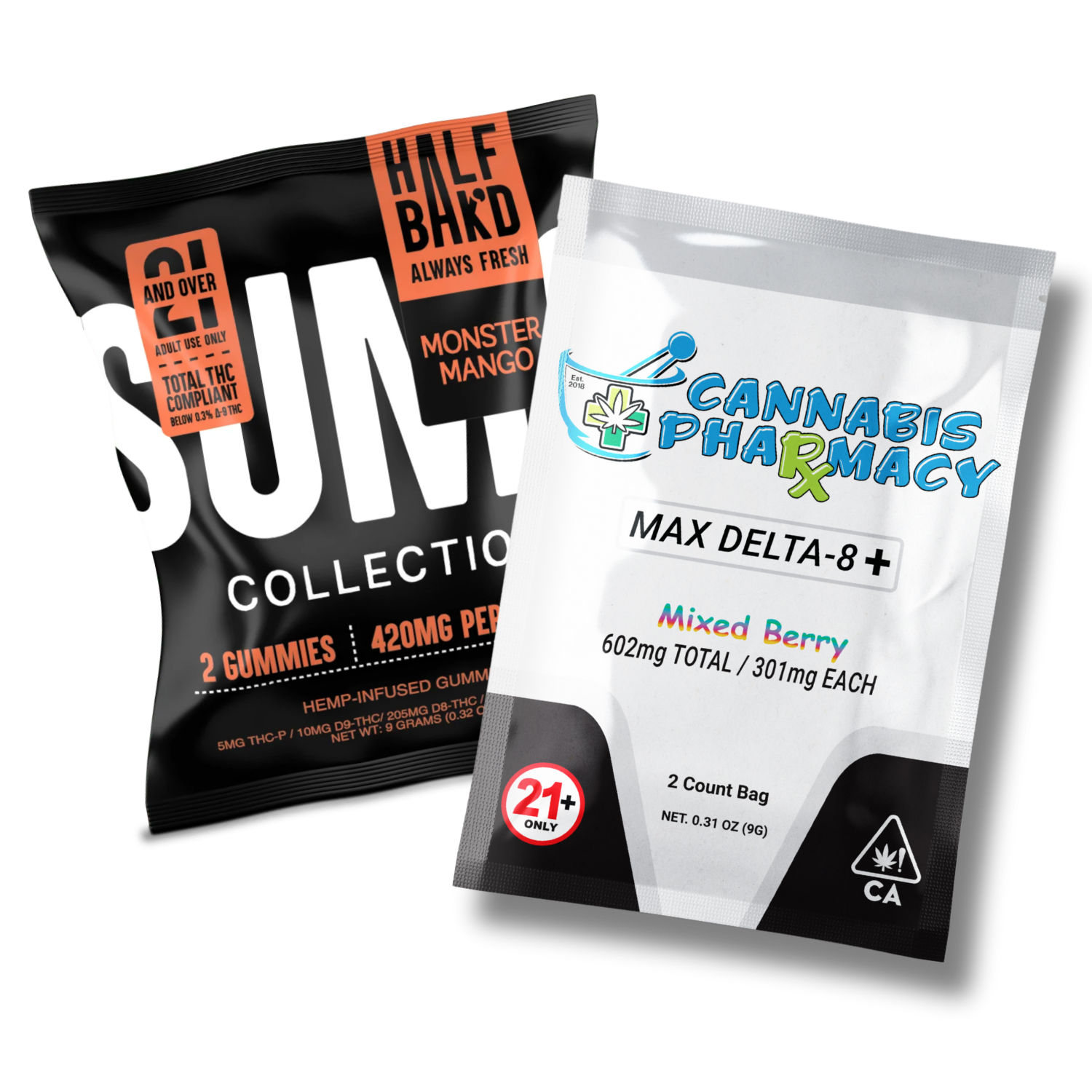 THC category thumbnail featuring Cannabis Pharmacy and Half Bak’d gummy products.