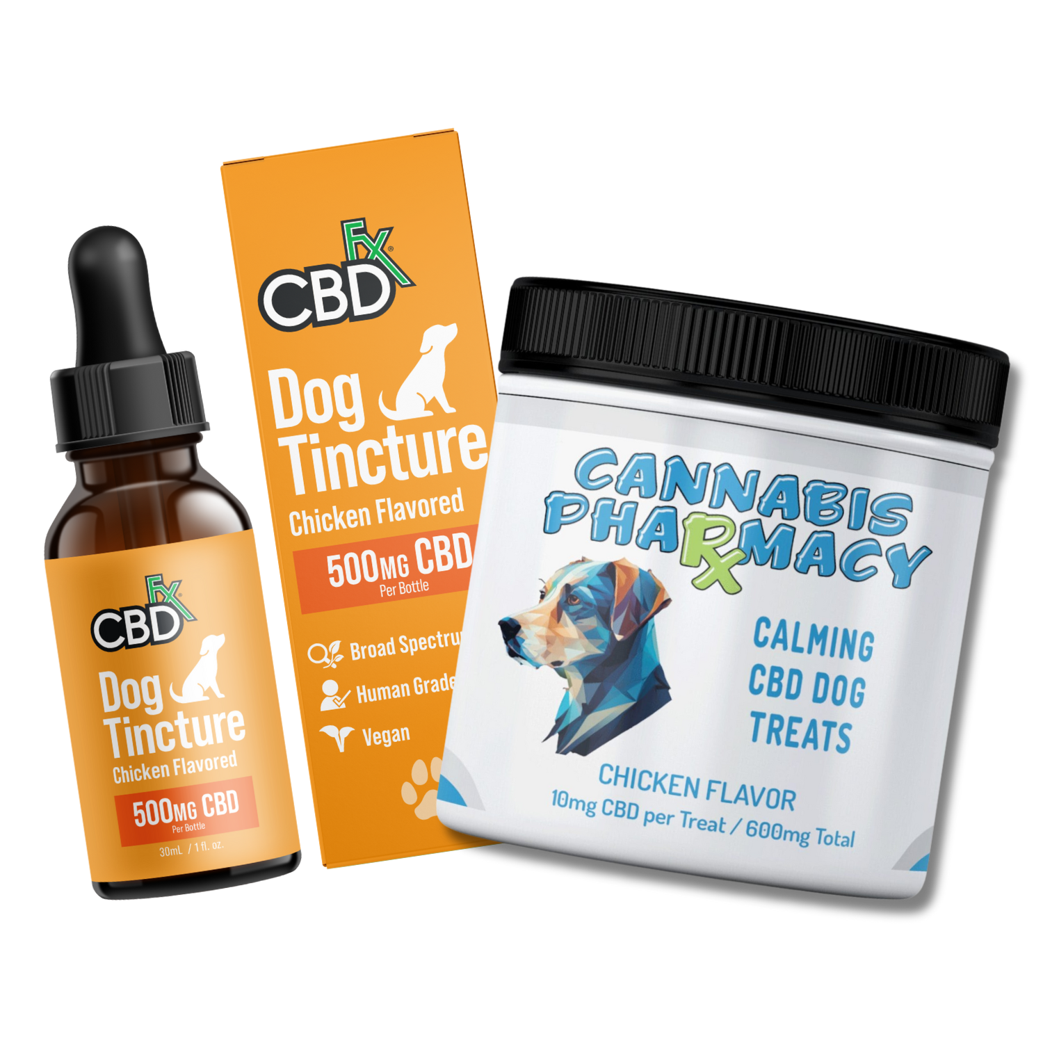 Pet CBD category thumbnail featuring dog tincture and calming CBD dog treats.