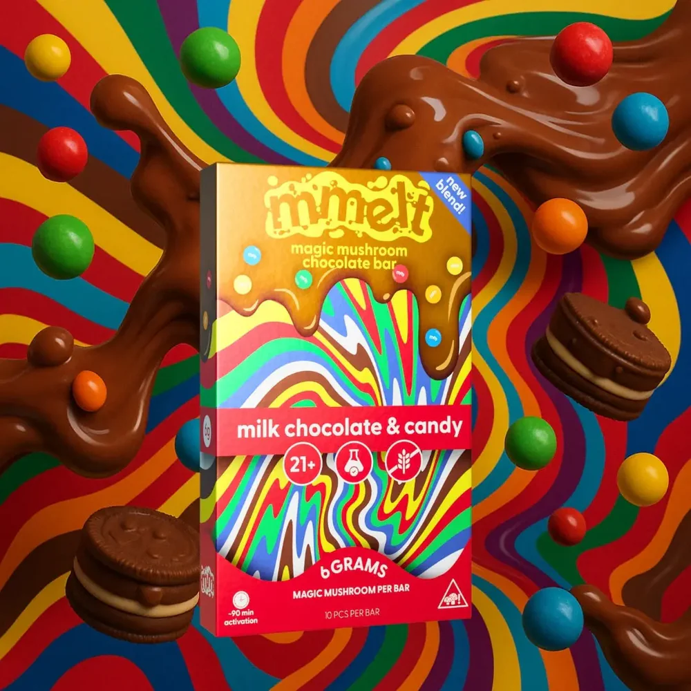 mmelt-mushroom-chocolates-milk-chocolate-and-candy-6g-hero-front Mmelts | Milk Chocolate & Candy Mushroom Chocolate Bar | 6G - Image 1