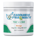 Front packaging of Mango CBD Gummies with THC showing 100mg CBD and 10mg Delta-9 THC per gummy, 30 count, and full spectrum gummy formula.