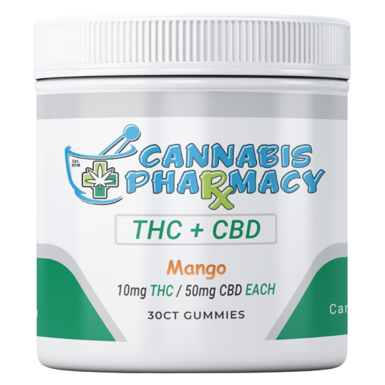 Front packaging of Mango CBD Gummies with THC showing 100mg CBD and 10mg Delta-9 THC per gummy, 30 count, and full spectrum gummy formula.