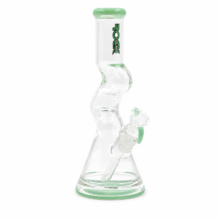 RockWave 10-inch Zong glass bong with zig zag neck design and durable glass construction.