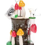 Front view of Glass Mushroom Water Pipe showing a clear glass straight shooter design with resin mushroom detail, inline perc, and 14.5 mm glass-on-glass fitment.