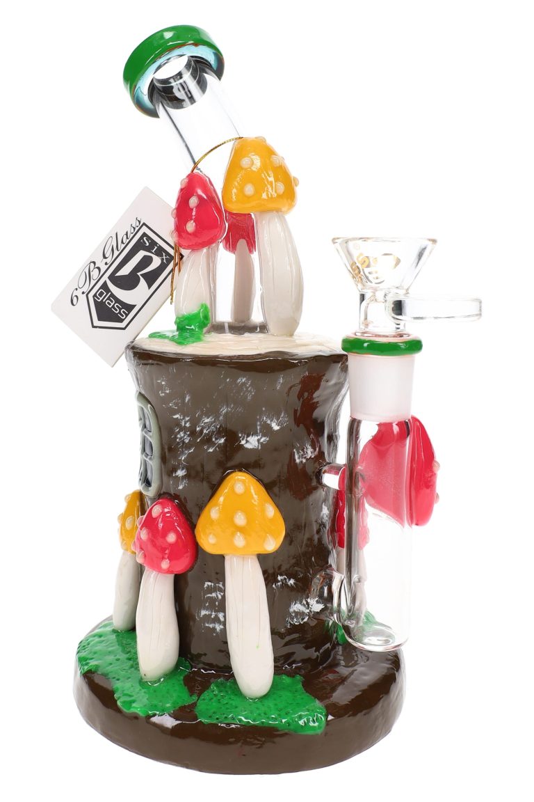 Front view of Glass Mushroom Water Pipe showing a clear glass straight shooter design with resin mushroom detail, inline perc, and 14.5 mm glass-on-glass fitment.