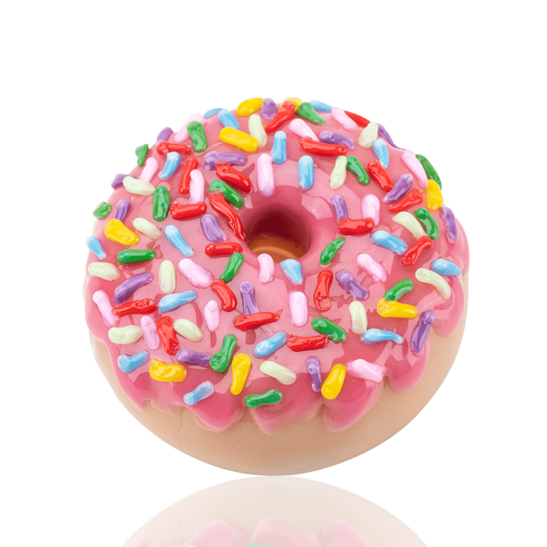 Empire Glassworks Pink Sprinkle Donut Dry Pipe featuring pink icing and colorful sprinkle glass artwork.