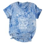 Tie-Dyed Star Sun Moon Mushroom Print Short Sleeve T-Shirt for women with colorful celestial and mushroom graphics.