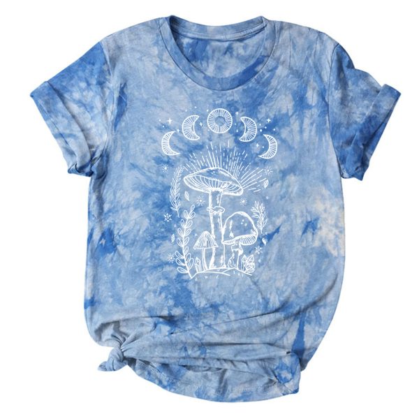Tie-Dyed Star Sun Moon Mushroom Print Short Sleeve T-Shirt for women with colorful celestial and mushroom graphics.