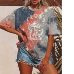 Tie-Dyed Star Sun Moon Mushroom Print Short Sleeve T-Shirt for women with colorful celestial and mushroom graphics.