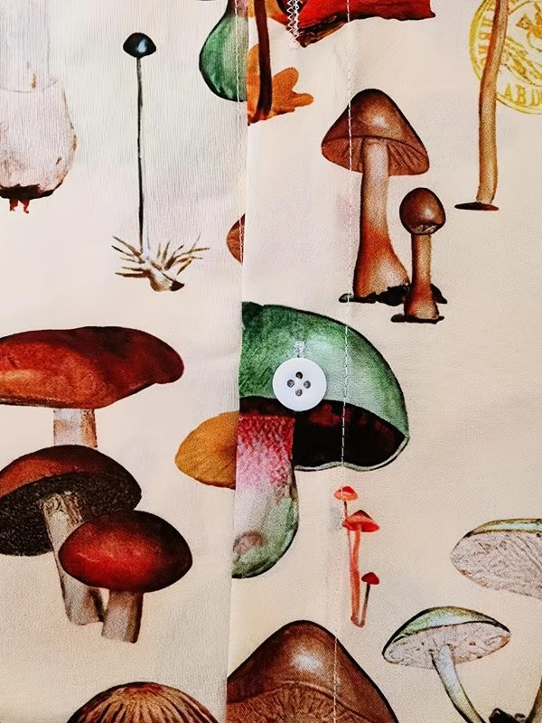 Men's Mushroom Print Casual Sports Set featuring a matching short sleeve shirt and shorts with mushroom graphics.