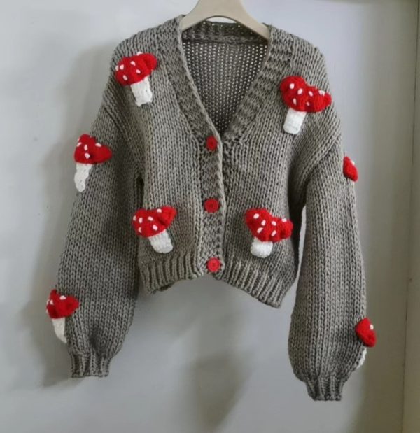 Women's 3D Mushroom Crochet Cardigan featuring tridimensional mushroom details and a loose knit design.