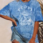 Tie-Dye Star Sun Moon Mushroom Short Sleeve T-Shirt for women with colorful celestial graphic design.