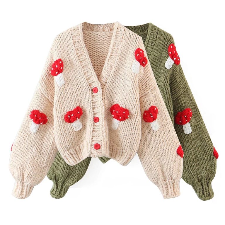 Autumn two-color mushroom sweater coat featuring a cute mushroom pattern and cozy knit design.