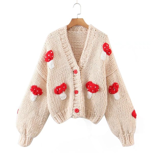Autumn two-color mushroom sweater coat featuring a cute mushroom pattern and cozy knit design.