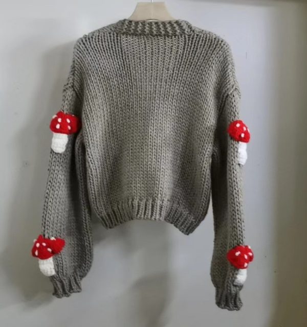 Women's 3D Mushroom Crochet Cardigan featuring tridimensional mushroom details and a loose knit design.