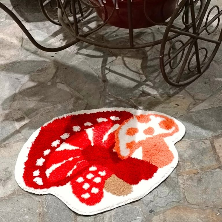 Cactus and mushroom shaped decorative area rug with colorful plant-inspired design for home décor.