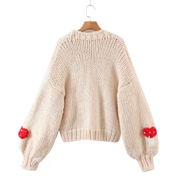 Autumn two-color mushroom sweater coat featuring a cute mushroom pattern and cozy knit design.