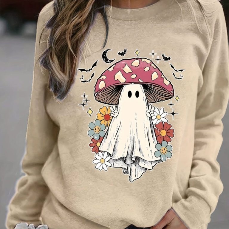 Spooky Mushroom Ghost Print Sweatshirt with ghost and mushroom graphic design on a crew neck pullover.
