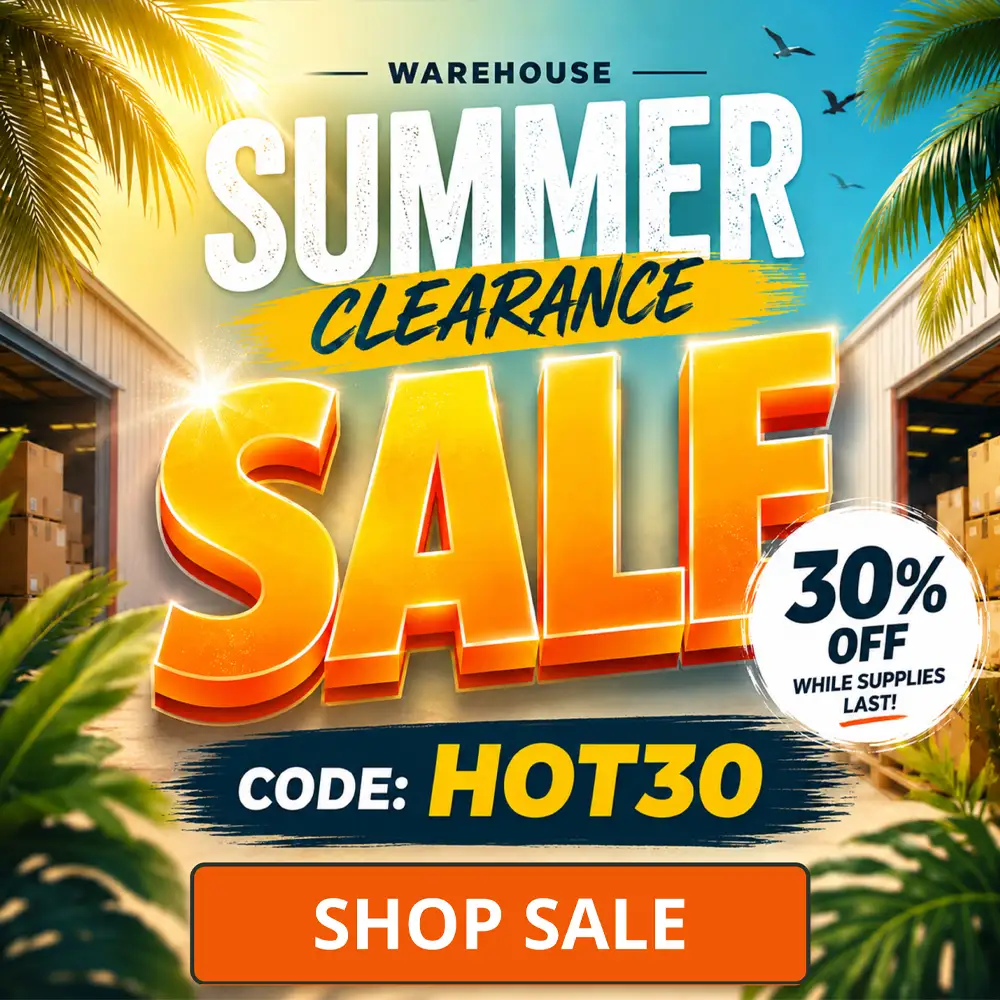 Warehouse Summer Clearance Sale banner with 30% off, code HOT30, and a Shop Sale button.