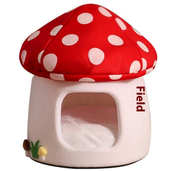 Cute Mushroom Cat Bed designed for four seasons comfort with soft plush material and mushroom-shaped design.