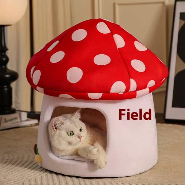 Cute Mushroom Cat Bed designed for four seasons comfort with soft plush material and mushroom-shaped design.