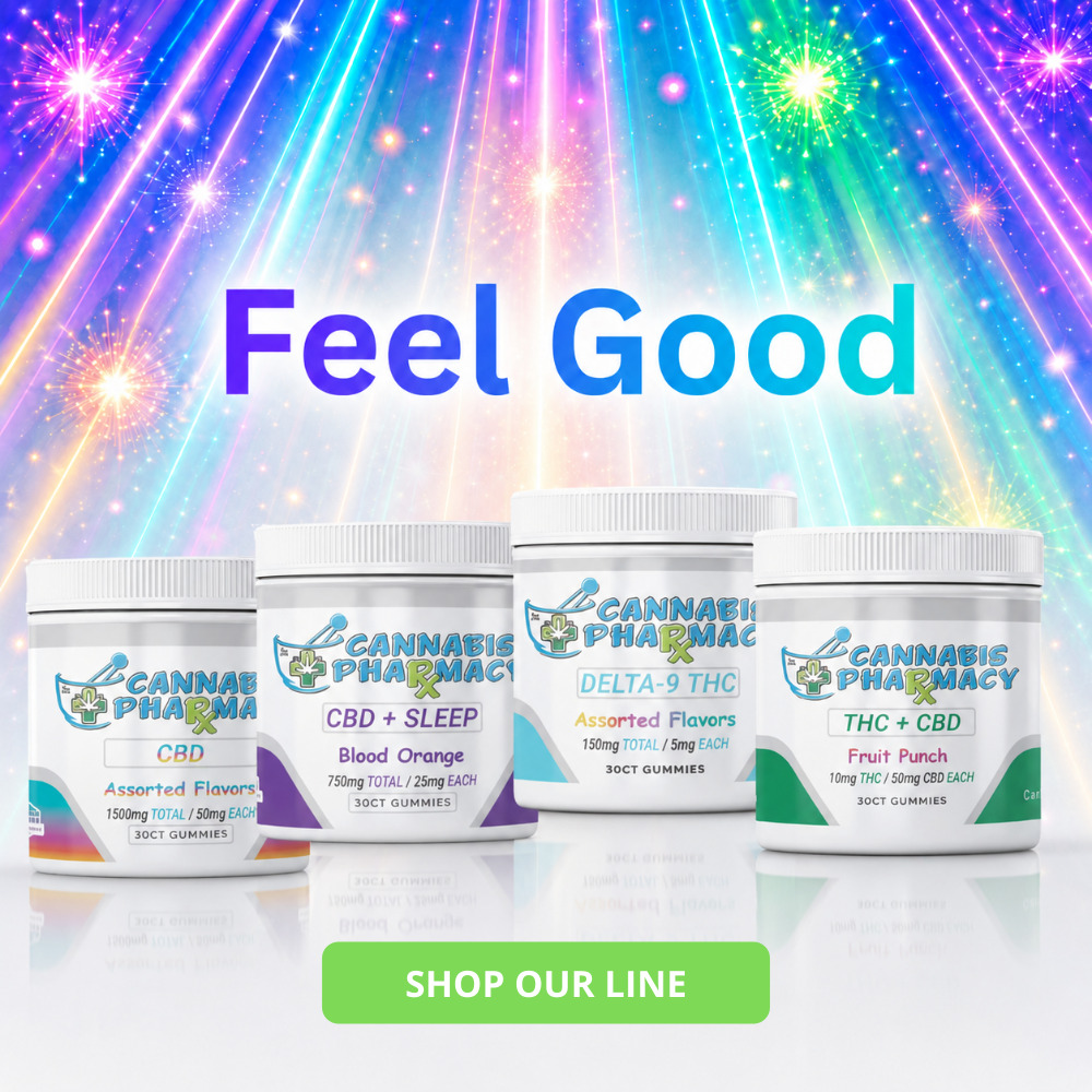 Cannabis Pharmacy products banner featuring THC gummies, CBD topicals, sleep support, and pet CBD favorites.
