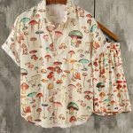 Men's Mushroom Print Casual Sports Set featuring a matching short sleeve shirt and shorts with mushroom graphics.