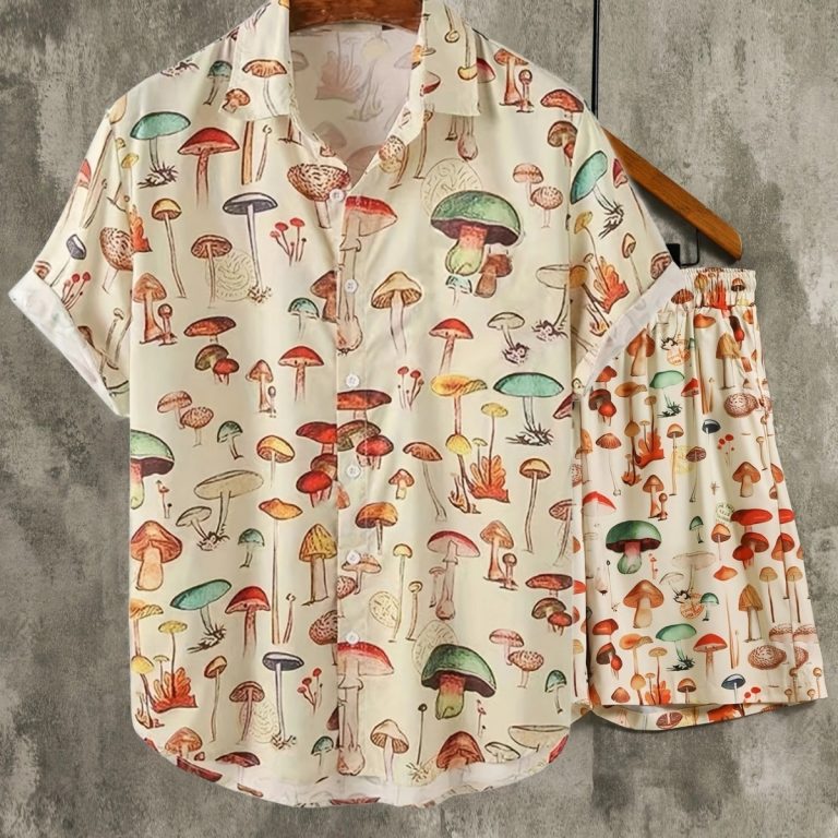 Men's Mushroom Print Casual Sports Set featuring a matching short sleeve shirt and shorts with mushroom graphics.
