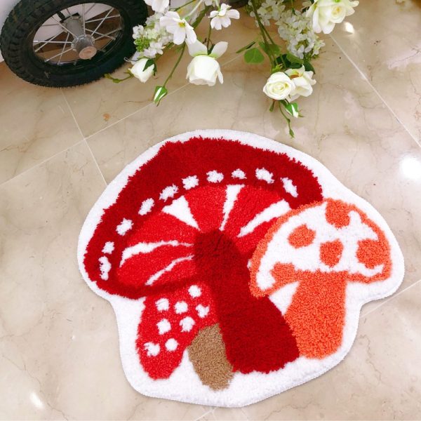 Cactus and mushroom shaped decorative area rug with colorful plant-inspired design for home décor.